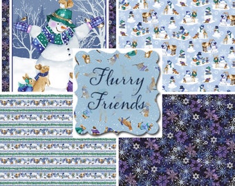 Quilt Fabric, Flurry Friends, Winter Snowmen, Snowflakes, Moose, Deer, Fox, Bunny Rabbit, Barbara Tourtillotte, Henry Glass Fabrics