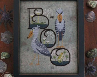 Counted Cross Stitch Pattern, Spooky Shoebill, Stork, Bird Motif, Pillow, Halloween Decor, Spider, Web Motif, The Blue Flower, PATTERN ONLY