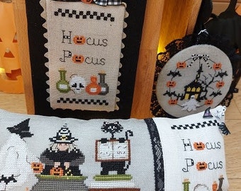 Counted Cross Stitch Pattern, Hocus Pocus, Halloween Decor, Bats, Witch, Spiders, Black Cat, Pillows, Serenita di campagna, PATTERN ONLY