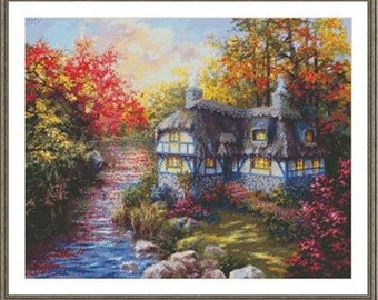 Counted Cross Stitch Pattern, No Place Like Home, Country Rustic, Trees, English Cottage, Shrubs, Rocks, Autumn, Kustom Krafts, PATTERN ONLY