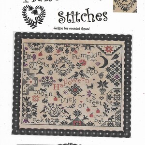 May include: A cross-stitch pattern for a Halloween-themed sampler with the text "Simple Gifts-Halloween" and various Halloween-themed images and text, including "ghosts", "pumpkin", "boo", "Halloween", "trick or treat", and "bat".