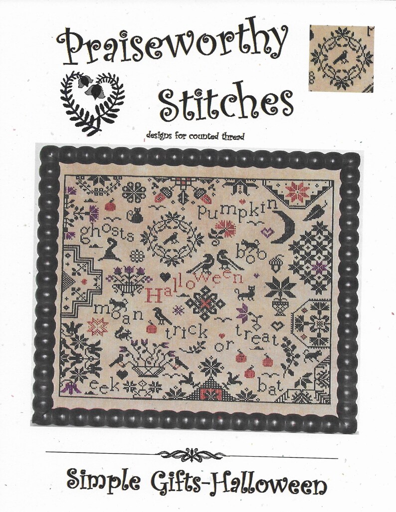 May include: A cross-stitch pattern for a Halloween-themed sampler with the text "Simple Gifts-Halloween" and various Halloween-themed images and text, including "ghosts", "pumpkin", "boo", "Halloween", "trick or treat", and "bat".