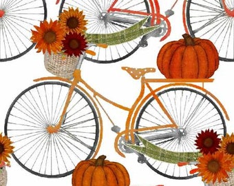 Quilt Fabric, Harvest Campers, Bicycles, Sunflowers, Pumpkins, Fall Decor, Autumn Decor, Country Rustic, Farmhouse, 3 Wishes, Beth Albert