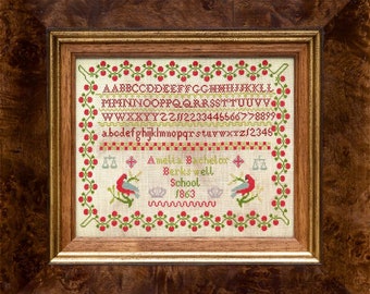 Counted Cross Stitch Pattern, Amelia Bachelor, Reproduction Sampler, English Sampler, Berkswell School, Hands Across the Sea, PATTERN ONLY