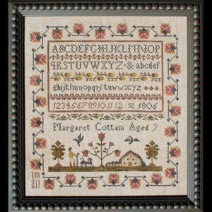 Cross Stitch Pattern, Margaret Cottam, Alphabet Sampler, Flower Motif Border, Reproduction Sampler, Country Rustic, La-D-Da, PATTERN ONLY