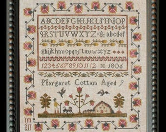 Cross Stitch Pattern, Margaret Cottam, Alphabet Sampler, Flower Motif Border, Reproduction Sampler, Country Rustic, La-D-Da, PATTERN ONLY