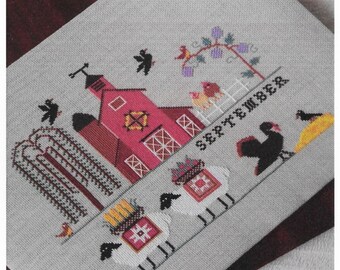 Counted Cross Stitch Pattern, Heroic Ewes Harvesting, Sheep, Barn, Chickens, Fall Decor, Country Rustic, Twin Peak Primitives, PATTERN ONLY