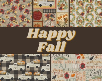 Quilt Fabric, Happy Fall, Fall Fabric, Autumn, Thanksgiving, Sunflowers, Harvest, Pickup Truck, White Pumpkin, Beth Albert, 3 Wishes Fabric