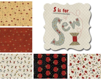 Quilt Fabric, S is For Sew, Cotton Fabric, Thimbles, Thread Spools, Pincushions, Sewing Decor, Debbie Busby, Henry Glass Fabrics