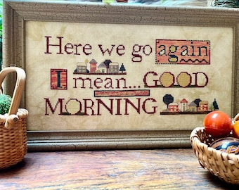 Counted Cross Stitch, Good Morning, Neighborhood Motif, Evergreens, Sampler, Tuck Pillow, Amy Bruecken Designs, PATTERN ONLY