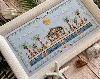 Counted Cross Stitch, Shack on the Shore, Country Chic, Tuck Pillow, Beach Decor, Crabs, Beach Border Motifs,  Flossabilities, PATTERN ONLY