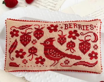 Counted Cross Stitch Pattern, Bird in the Berry Patch, Strawberries, Summer Strawberries, Primitive Decor, Luminous Fiber Arts, PATTERN ONLY