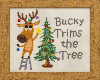 Counted Cross Stitch, Bucky Trims the Tree, Reindeer, Christmas Tree, Christmas Decor, Holiday Decor, Glendon Place, PATTERN ONLY