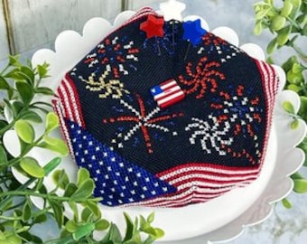 Counted Cross Stitch Pattern, Stars & Stripes, Biscornu, Patriotic Decor, Pincushion, Fireworks, USA Flag, Little Stitch Girl, PATTERN ONLY