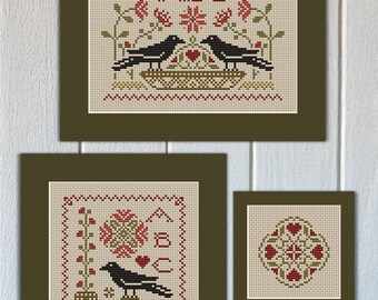 Counted Cross Stitch Pattern, Crow Secrets in the Garden, Crows, Summer Decor, Flower Motifs,  Happiness is Heart Made, PATTERN ONLY