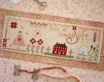 Counted Cross Stitch Pattern, Live a Humble Life, Sampler, Flower Vines, Bee Skep, Cottage Decor, October House Fiber Arts, PATTERN ONLY