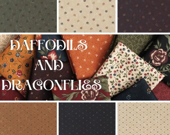 Quilt Fabric, Daffodils & Dandelions, Dragonfly Garden, Floral, Sunflowers, Dandelions, Leaf, Mulch, Kansas Troubles, Moda Fabrics