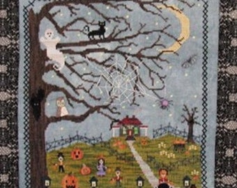 Counted Cross Stitch Pattern, Haunted Hillside Farm, Halloween Decor, Ghosts, Owl, Spider, Pumpkins, Praiseworthy Stitches, PATTERN ONLY