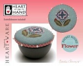 Counted Cross Stitch Pattern, Pocket Round Flower, Spring Decor, Flower, Lady Bug, Primitive Decor, Heartware, Heart in Hand, PATTERN ONLY