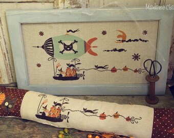 Counted Cross Stitch Pattern, Pumpkin Thieves, Halloween Decor, Witch, Black Cats, Pumpkins, Skinny Pillow, Madame Chantilly, PATTERN ONLY