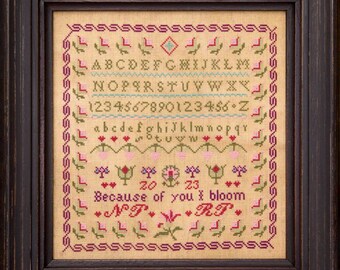 Counted Cross Stitch Pattern, Because of You, Anniversary Sampler, 19th Century Sampler Inspiration, Hands Across the Sea, PATTERN ONLY