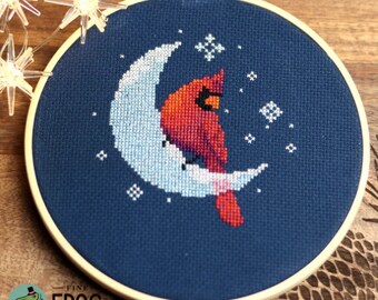 Counted Cross Stitch Pattern, Ice Moon Cardinal, Fantastical Animals, Stars, Stephanie Aviles, Fine Frog Stitching, PATTERN ONLY