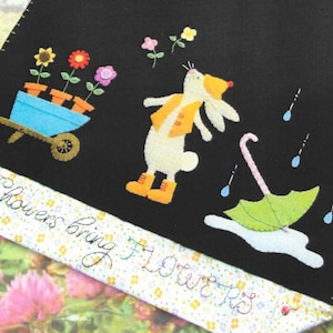 Wool Applique Pattern, Showers Bring Flowers, Wool Applique Table Runner, Spring Decor, Rabbit, Raindrops, Nutmeg Hare, PATTERN ONLY