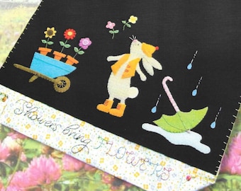 Wool Applique Pattern, Showers Bring Flowers, Wool Applique Table Runner, Spring Decor, Rabbit, Raindrops, Nutmeg Hare, PATTERN ONLY