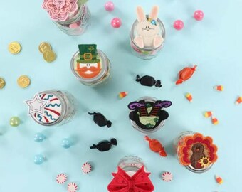 Machine Embroidery, Seasonal Jar Toppers, Valentines Day, Easter, Leprechaun, 4th of July, Halloween, Thanksgiving, Christmas, Kimberbell