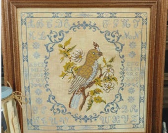 Counted Cross Stitch Pattern, Something Blue, Reproduction Adaptation Sampler, Alphabet Sampler, Bird, Quaint Rose Needlearts, PATTERN ONLY