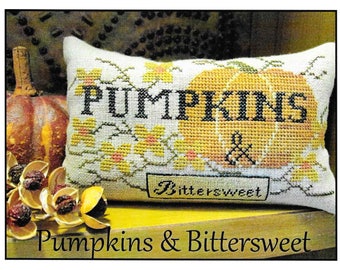 Counted Cross Stitch Pattern, Pumpkins & Bittersweet, Fall Decor, Primitive Decor, Autumn Pillow, The Scarlett House, PATTERN ONLY