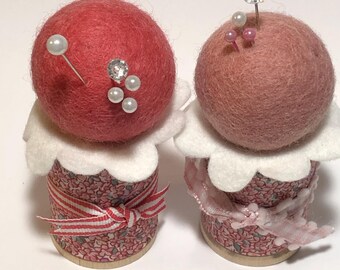 Thread Spool Pincushion, Tea Rose, Wooden Spool, Ribbon, Pins, Felted Wool Pincushion, Lady Dot Creates, Sewing Notion, Sewing Accessory