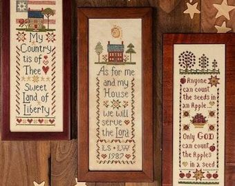Counted Cross Stitch Pattern, Sampler Trio, Patriotic Motifs, Americana, Inspirational, Personalize, Erica Michaels, PATTERN ONLY