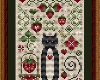 Counted Cross Stitch Pattern, Strawberry Cat, Flower Motifs, Basket, Strawberry Patch, Pillow, Happiness is Heart Made, PATTERN ONLY