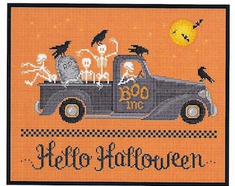 Counted Cross Stitch Pattern, Hello Halloween, Halloween Decor, Skeletons, Crows, Full Moon, Farmstead, Sue Hillis Designs, PATTERN ONLY
