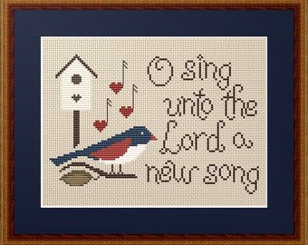 Counted Cross Stitch Pattern, O Sing Unto The Lord, Inspirational Sampler, Bird Motif, Hearts, Happiness is Heart Made, PATTERN ONLY