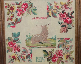 Counted Cross Stitch Pattern, 1914 Floral Stag, Reproduction Sampler, Deer Motif, Flower Motifs, Quaint Rose Needlearts, PATTERN ONLY