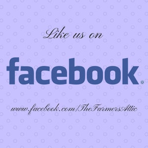 May include: Purple background with white polka dots. Text reads "Like us on facebook" in black cursive font. The word "facebook" is in blue capital letters with a registered trademark symbol. Below the text is a website address: "www.facebook.com/TheFarmersAttic"