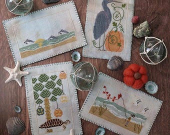Counted Cross Stitch Pattern, Autumn Beach Postcards, Beach Decor, Sea Turtle, Pillow Ornaments, Bowl Fillers, The Blue Flower, PATTERN ONLY