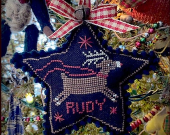 Counted Cross Stitch Pattern, Rudy Star, Pillow Ornament, Christmas Decor, Country Rustic, Rudolph, Teresa Kogut, PATTERN ONLY