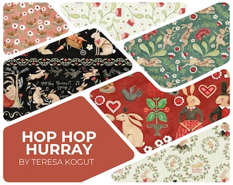 Quilt Fabric, Hop Hop Hurray, Easter Fabric, Bunnies, Bees, Blooms, Birds, Folk Art, Whimsical, Quilters Cotton, Teresa Kogut, Riley Blake