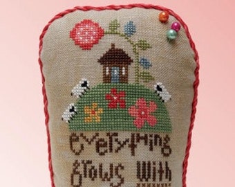 Counted Cross Stitch Pattern, Flower on a Hill, Everything Grows With Love, Spring Decor, Valentine's Day, Heart in Hand, PATTERN ONLY