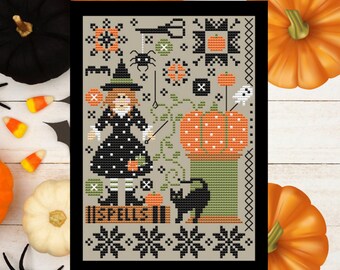 Counted Cross Stitch, Bewitching Stitching, Halloween Decor, Black Cat, Witch, Bat, Pillow Ornament, Shannon Christine Designs, PATTERN ONLY