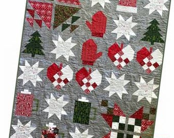 Quilt Pattern, A Wintry Mix, Pieced Quilt, Winter Decor, Mittens, Stars, Hot Cocoa, Hearts, Hats, Poorhouse Quilt Designs, PATTERN ONLY