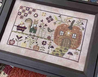Counted Cross Stitch, Tommy's Pumpkin Patch, Pumpkins, Fall Decor, Squirrel, Flower Motif, Mushrooms, Blueberry Ridge Design, PATTERN ONLY
