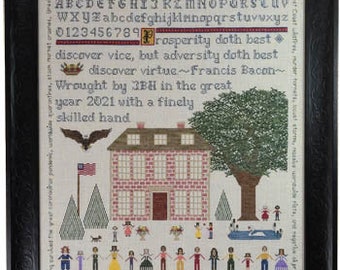 Counted Cross Stitch Pattern, Virtue's House, American Eagle, Americana Decor, Saltbox House, Paradise Stitchery, PATTERN ONLY