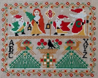 Counted Cross Stitch Pattern, A Little Merry Christmas, Flower Vine Border, Christmas Decor, Santas, Twin Peak Primitives, PATTERN ONLY