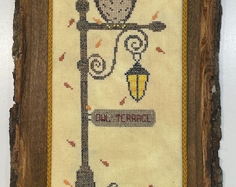 Counted Cross Stitch, Owl Terrace, Fall Decor, Street Lamp, Pumpkin, Autumn Decor, Tuck Pillow, Barefoot Needleart, PATTERN