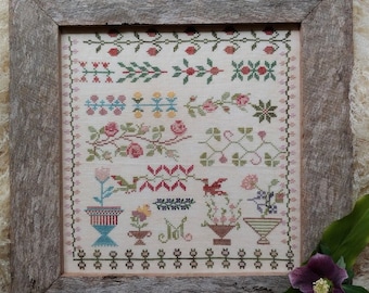 Counted Cross Stitch Pattern, Manon's Garden, Reproduction Sampler, French Style Motifs, Birds, Flower Pots, Mojo Stitches, PATTERN ONLY