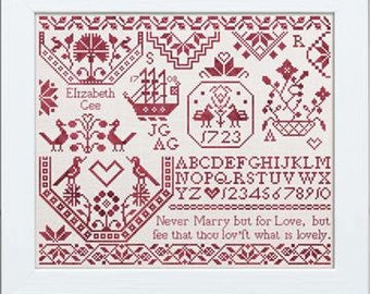 Counted Cross Stitch Pattern, Elizabeth Gee, Quaker Sampler, Wedding, Monochromatic Sampler, Modern Folk Embroidery, PATTERN ONLY